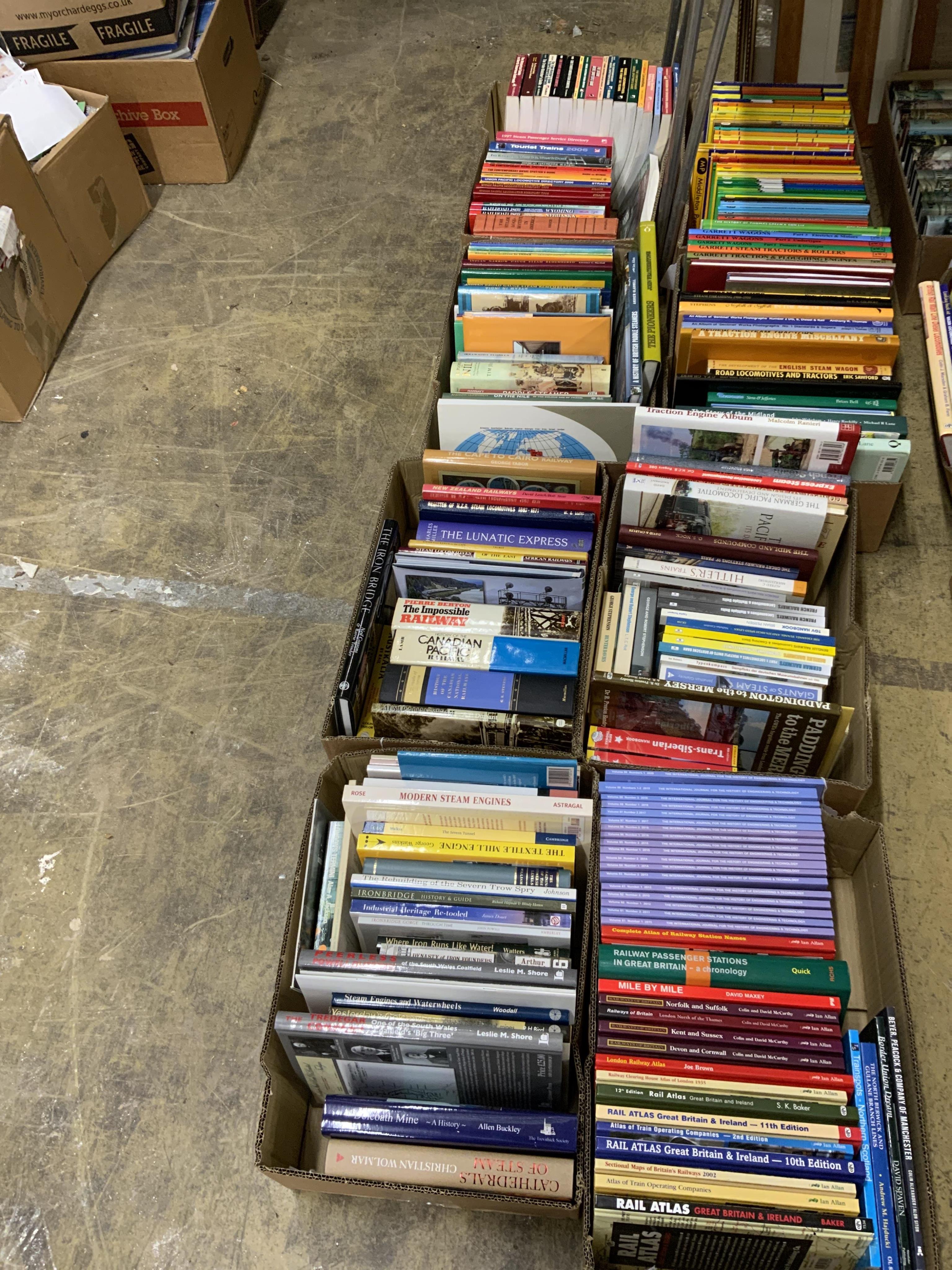 Eight boxes of railway related books, subjects include; Southern Railway, Garrett rolling stock, European railways, stationary engines, Indian Railways, American Railways, publishers include Middleton Press, David & Char